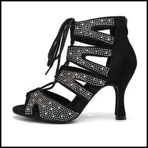 Latin Salsa Dance Shoes Lace-Up Open-Toe Boots Heels Suede Rhinestone Elegant